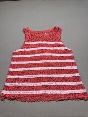 Free People Sheer Lace Melon Stripe Raw Hem Sleeveless Tank Top